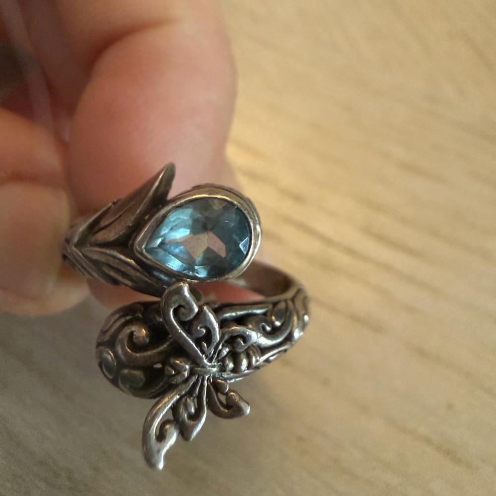 Vintage Aquamarine Silver Plated Adjustable Butterfly Ring - Picture 2 of 4